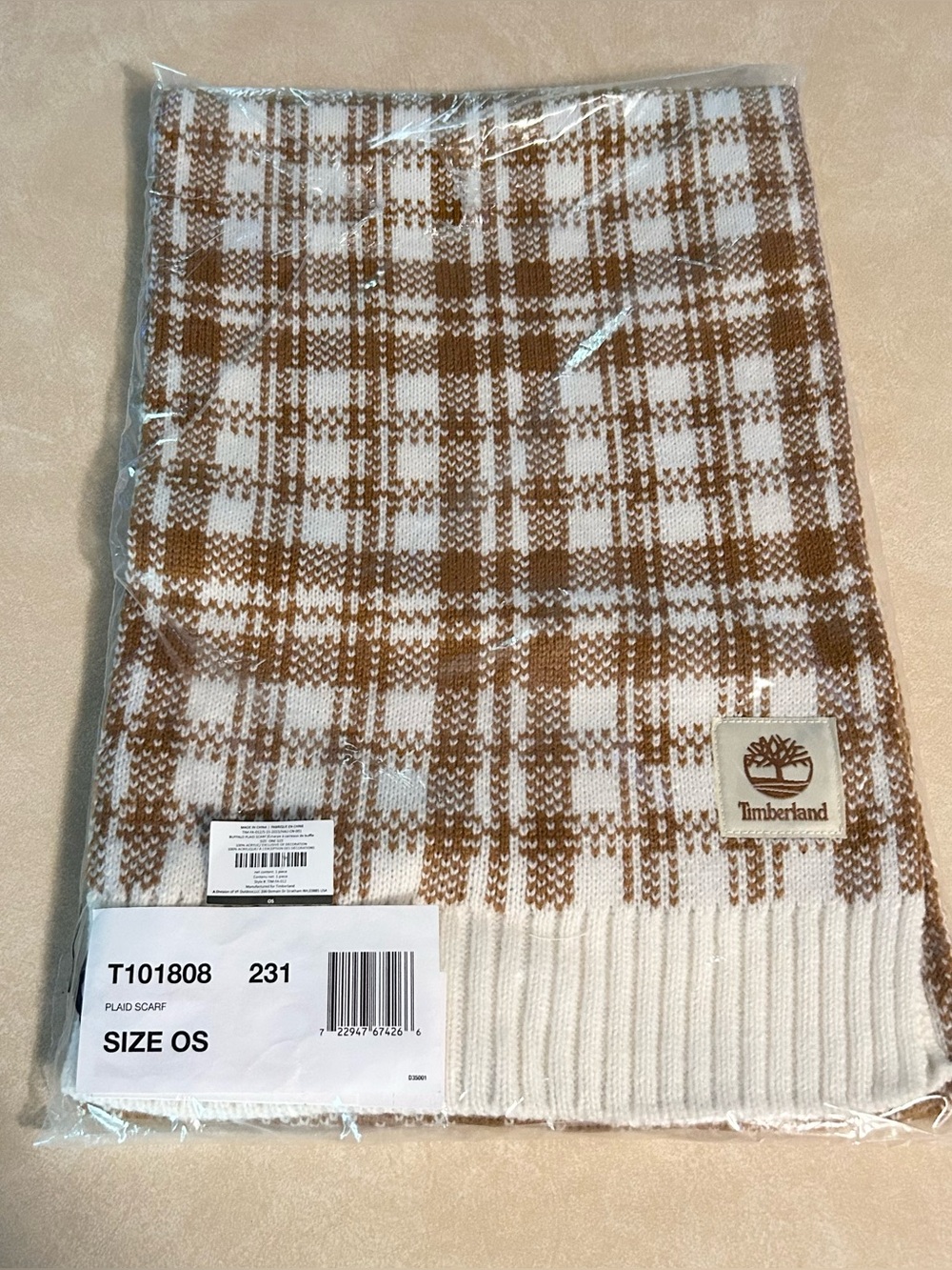 New women’s Timberland Plaid Knit Scarf in Cream & Brown